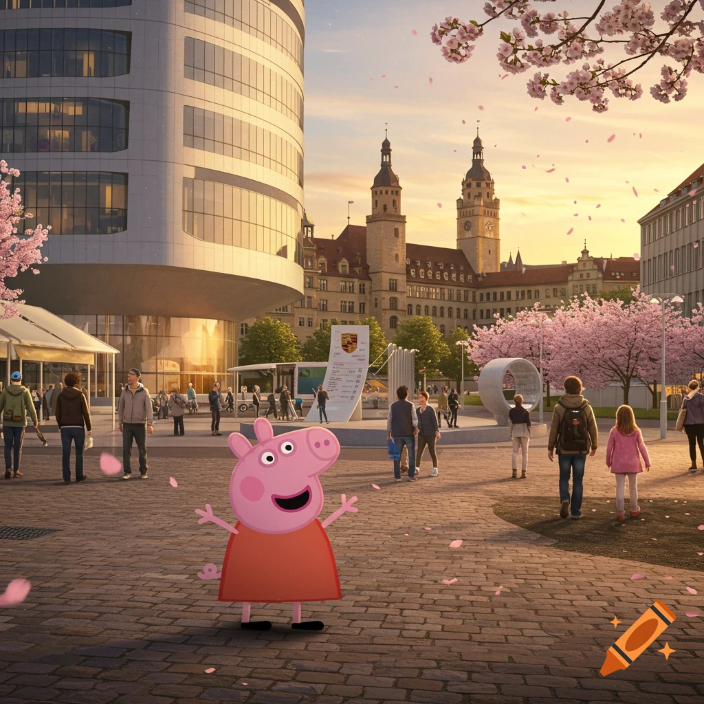 Peppa Pig stands in a photorealistic city square at sunset with cherry blossoms falling, prominent modern and historic buildings in the background, and people walking around.