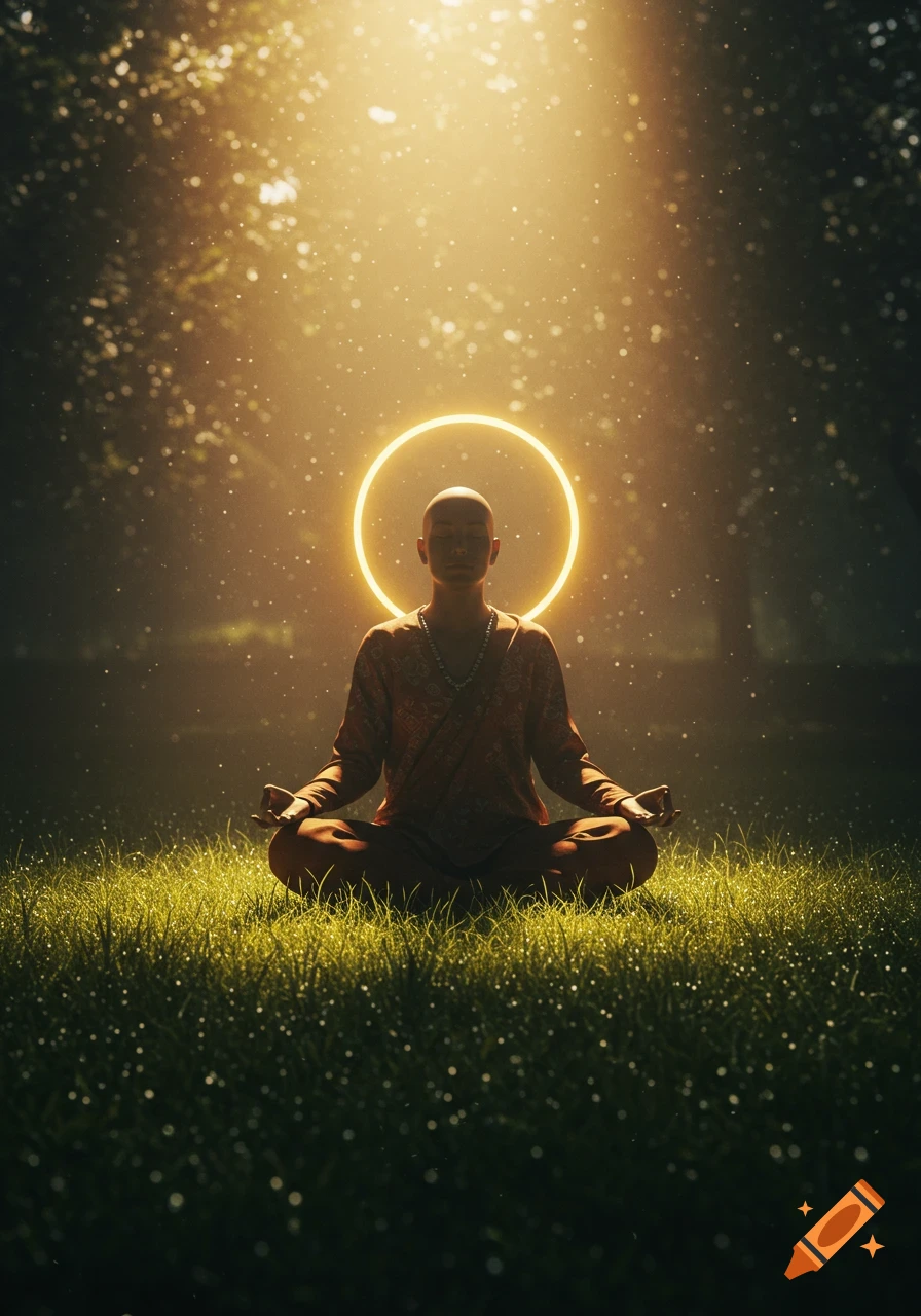 A bald person meditates in a lotus position on dewy grass, bathed in golden light with a glowing halo, in a serene, photorealistic forest scene.