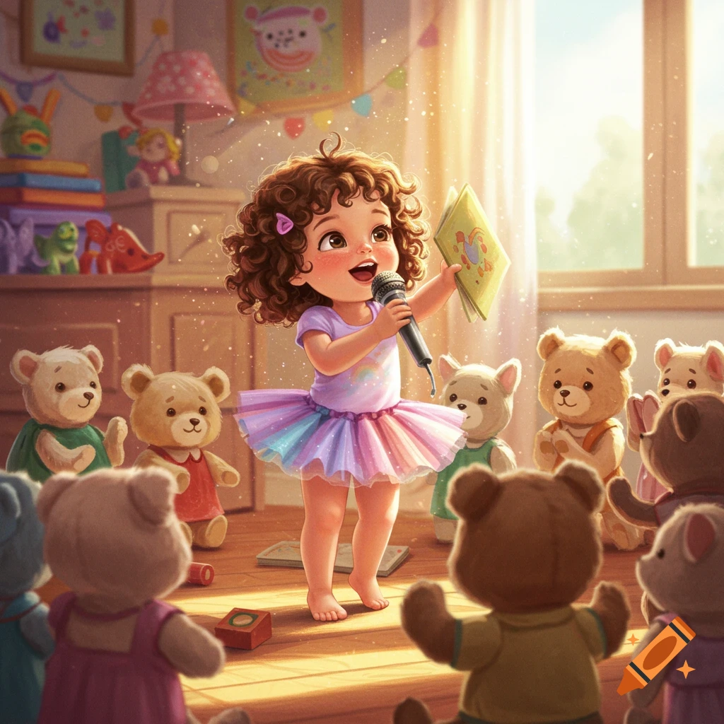 A cheerful curly-haired girl in a colorful tutu sings into a microphone, holding a book, for an audience of teddy bears in a sunny room.