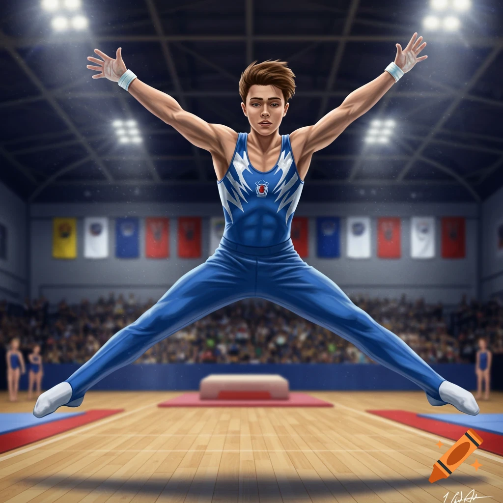 A male gymnast in a blue and white leotard performs a dynamic split jump in a brightly lit gymnasium with spectators.