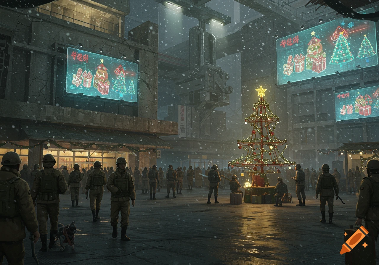 Soldiers patrol a snowy, dystopian city street at night, with a decorated Christmas tree and glowing billboards in the background.