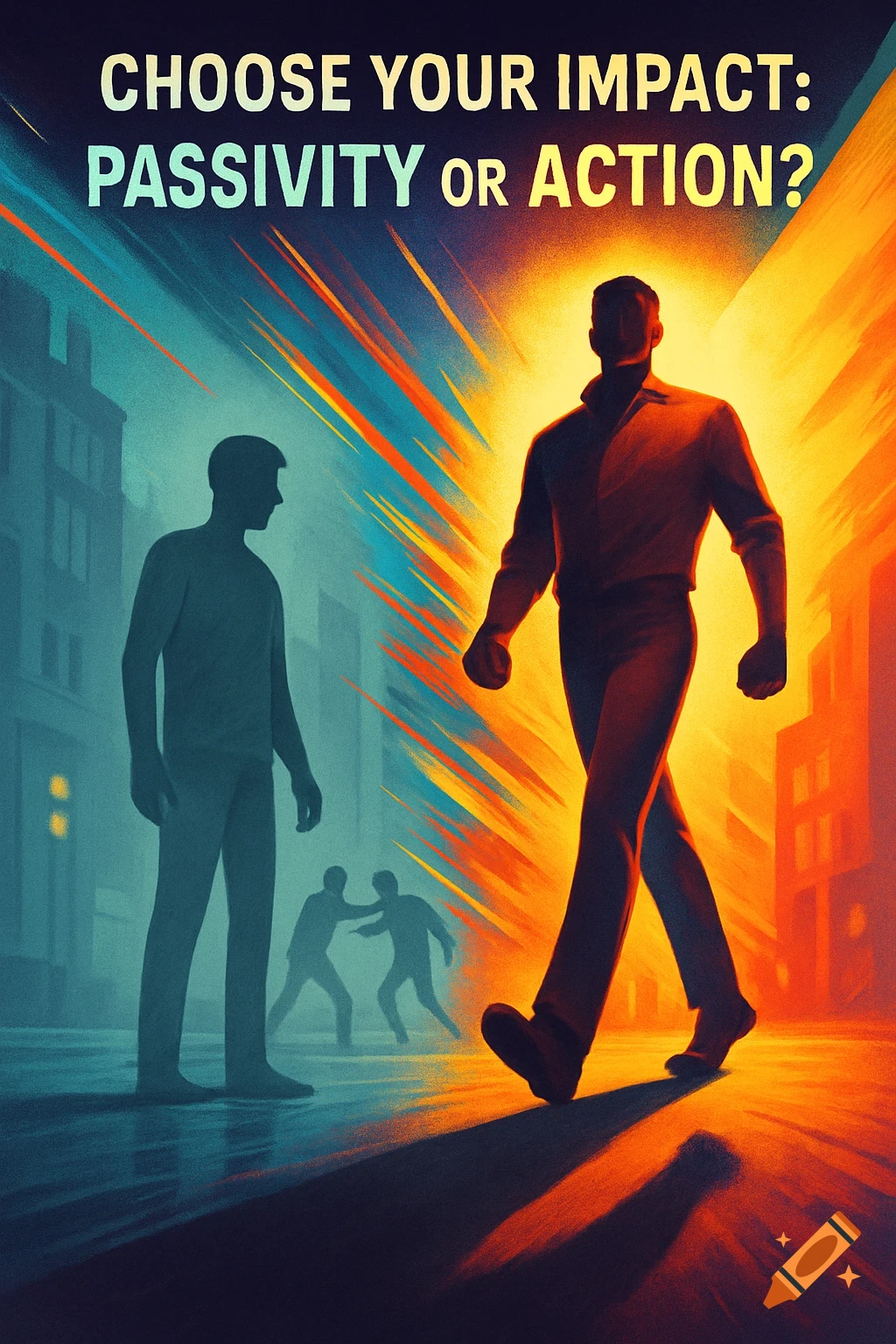 Motivational poster with 'CHOOSE YOUR IMPACT: PASSIVITY OR ACTION?', depicting a man stepping into light while others remain in shadow and conflict in an urban scene.