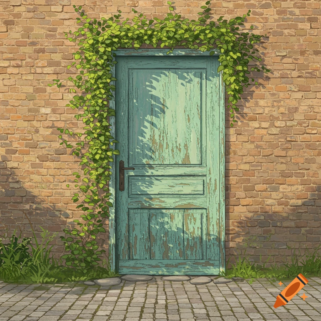 A weathered teal-green door set into a brick wall, adorned with green vines. A cobblestone path is in front.