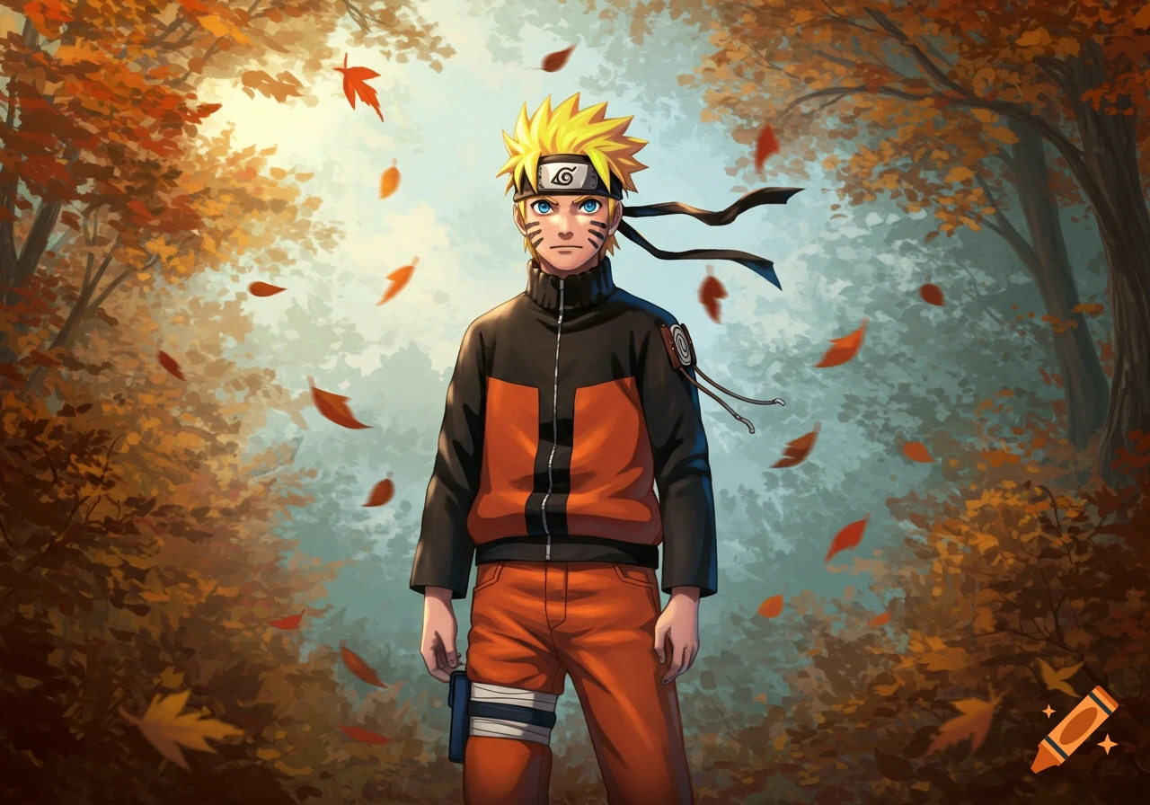 A vibrant anime illustration of Naruto Uzumaki in an autumn forest with falling leaves.