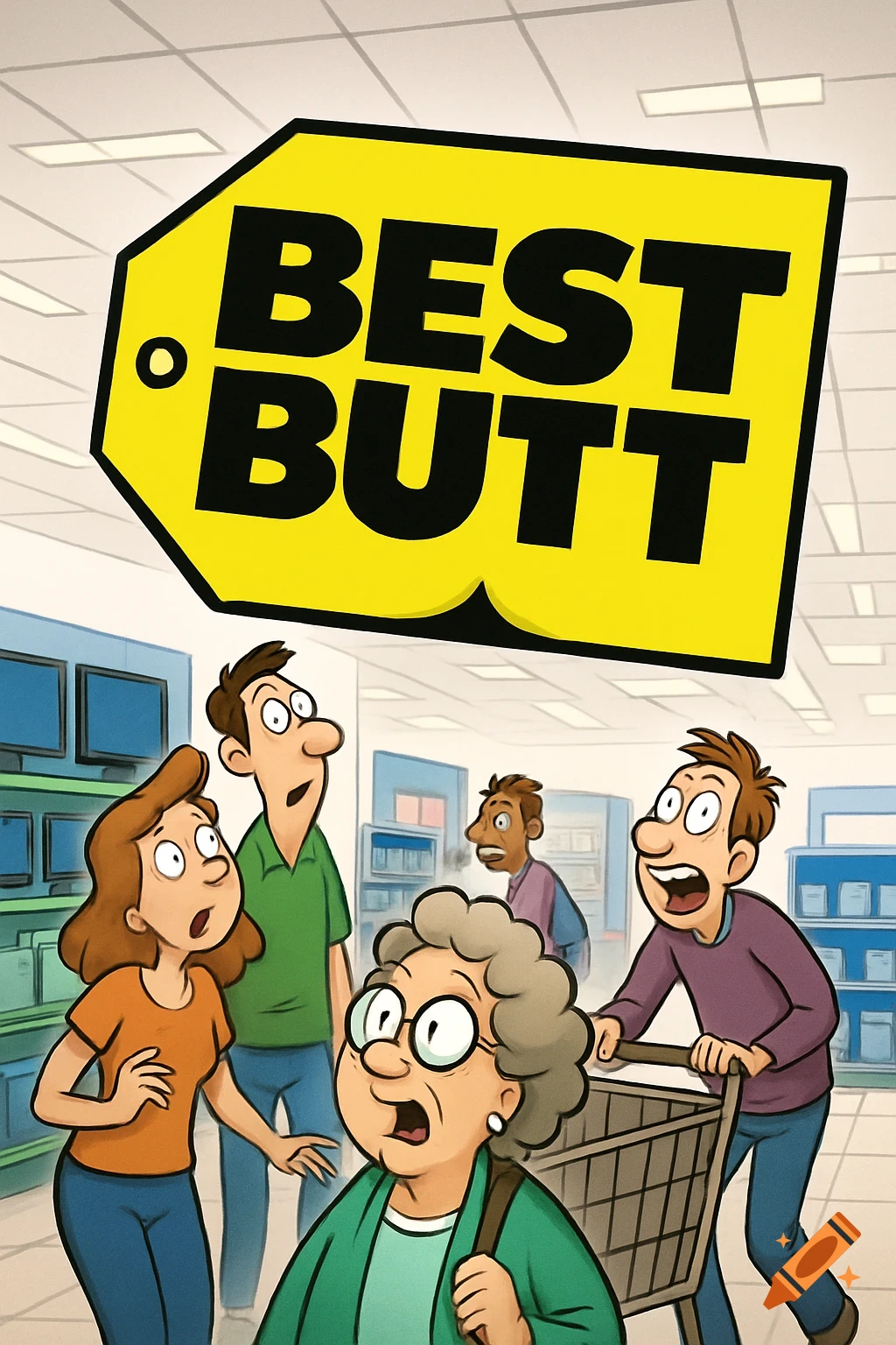 Cartoon people in a store reacting with shock to a large yellow tag reading 'BEST BUTT'.