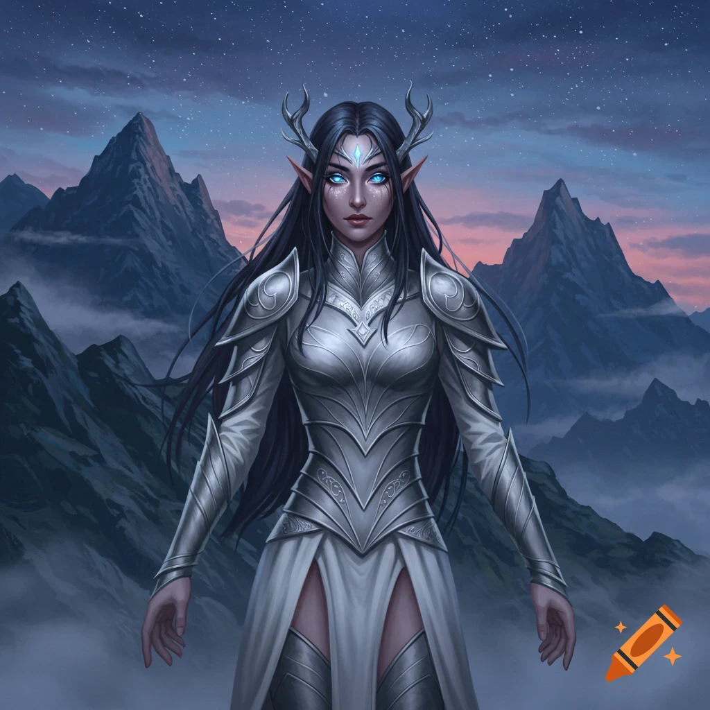 An elven woman with dark hair and antlers, wearing white armor and a white dress, stands in a mountain range at twilight.