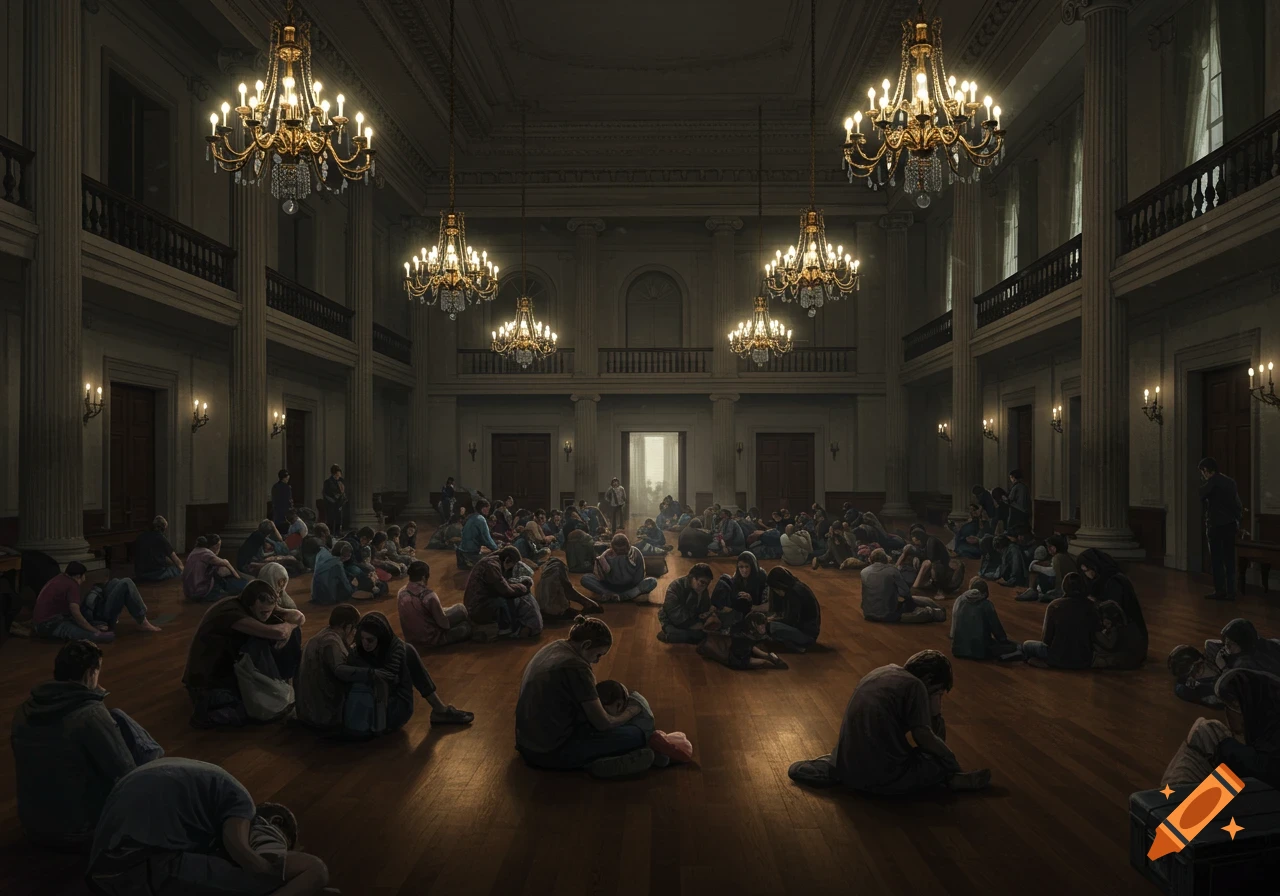 A grand, dimly lit ballroom with ornate chandeliers, filled with many people, appearing to be refugees, sitting on the wooden floor.