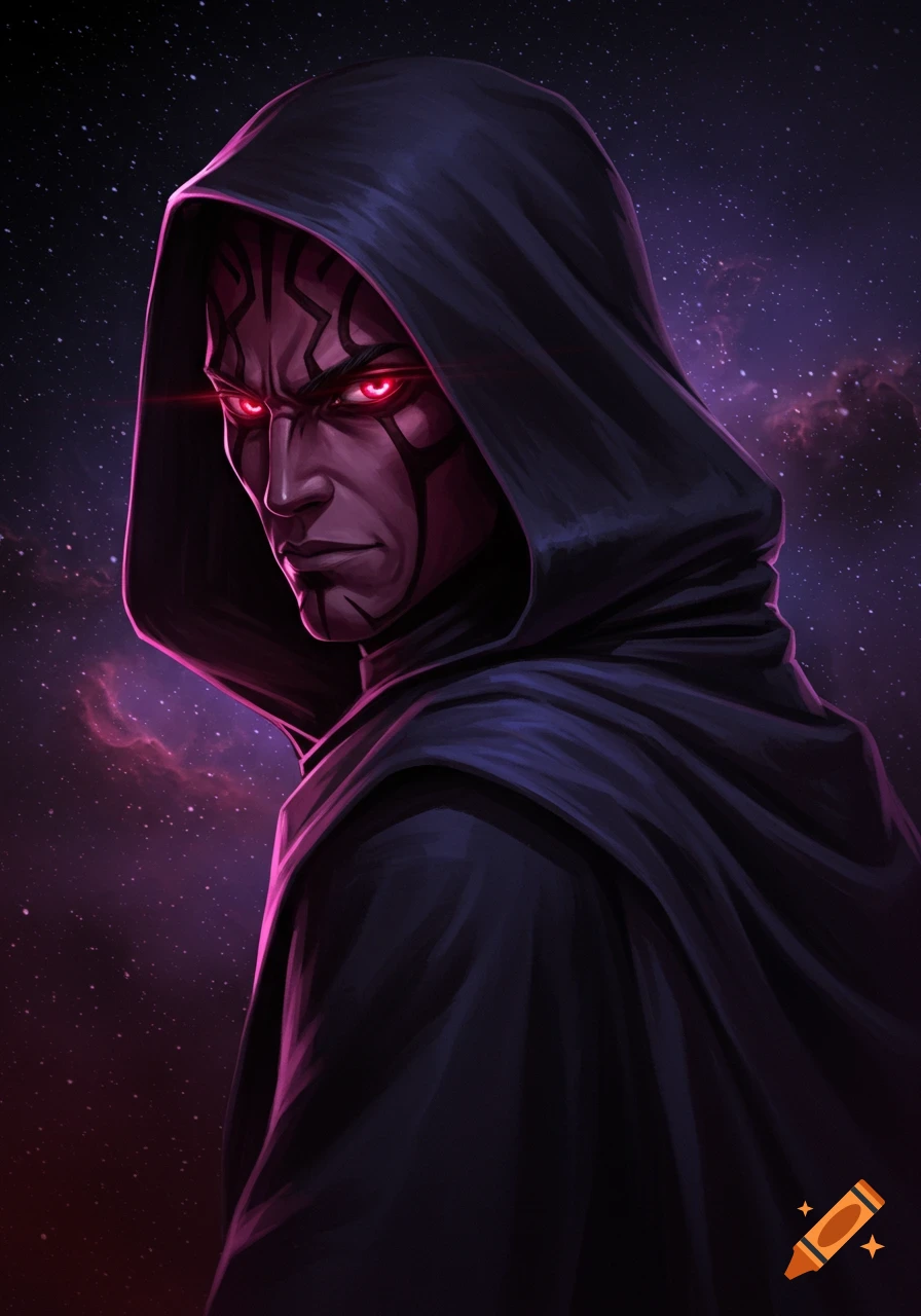 Anime sith-like character with glowing red eyes and tribal markings, wearing a dark hood, looks menacingly against a cosmic background.