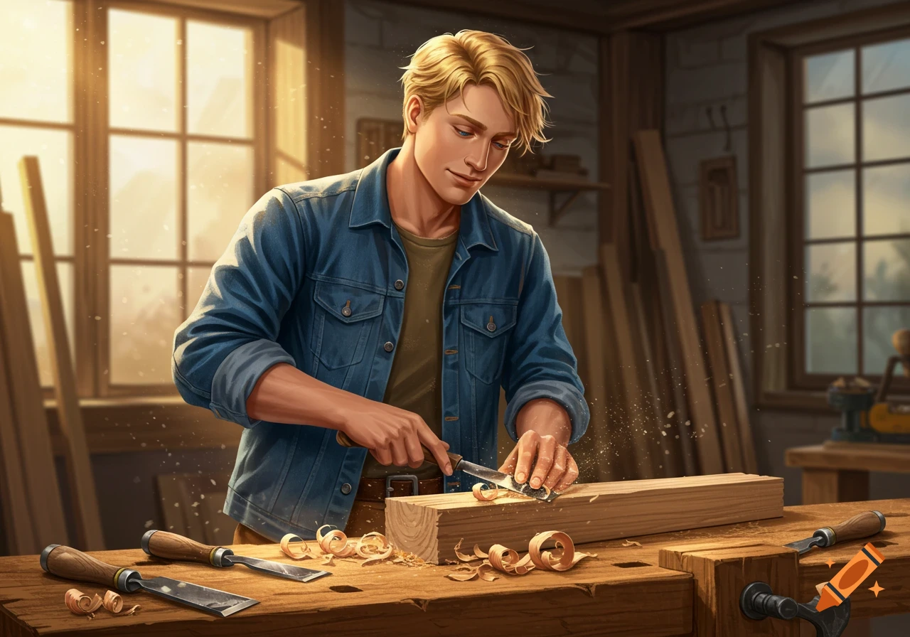 A blond, blue-eyed carpenter in a denim jacket planing wood in a sunlit workshop, surrounded by chisels and wood shavings, in a detailed illustration.