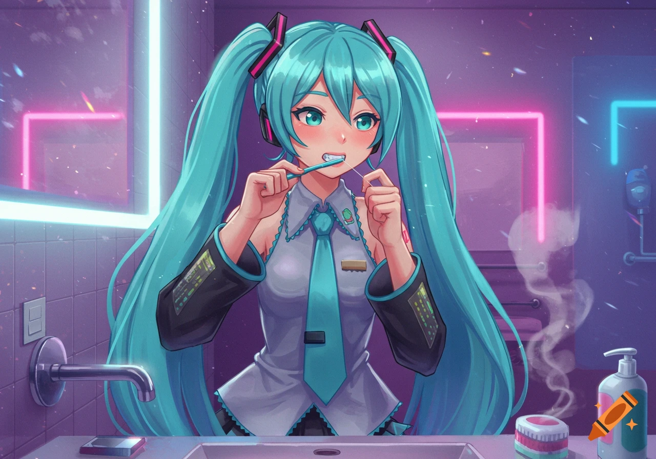 Anime character Hatsune Miku flossing her teeth in a vibrant, neon-lit bathroom.