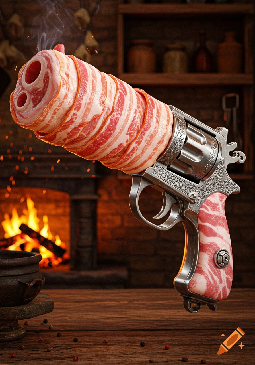 A photorealistic revolver featuring a raw bacon-wrapped barrel and a bacon handle, set in a rustic room with a fireplace.