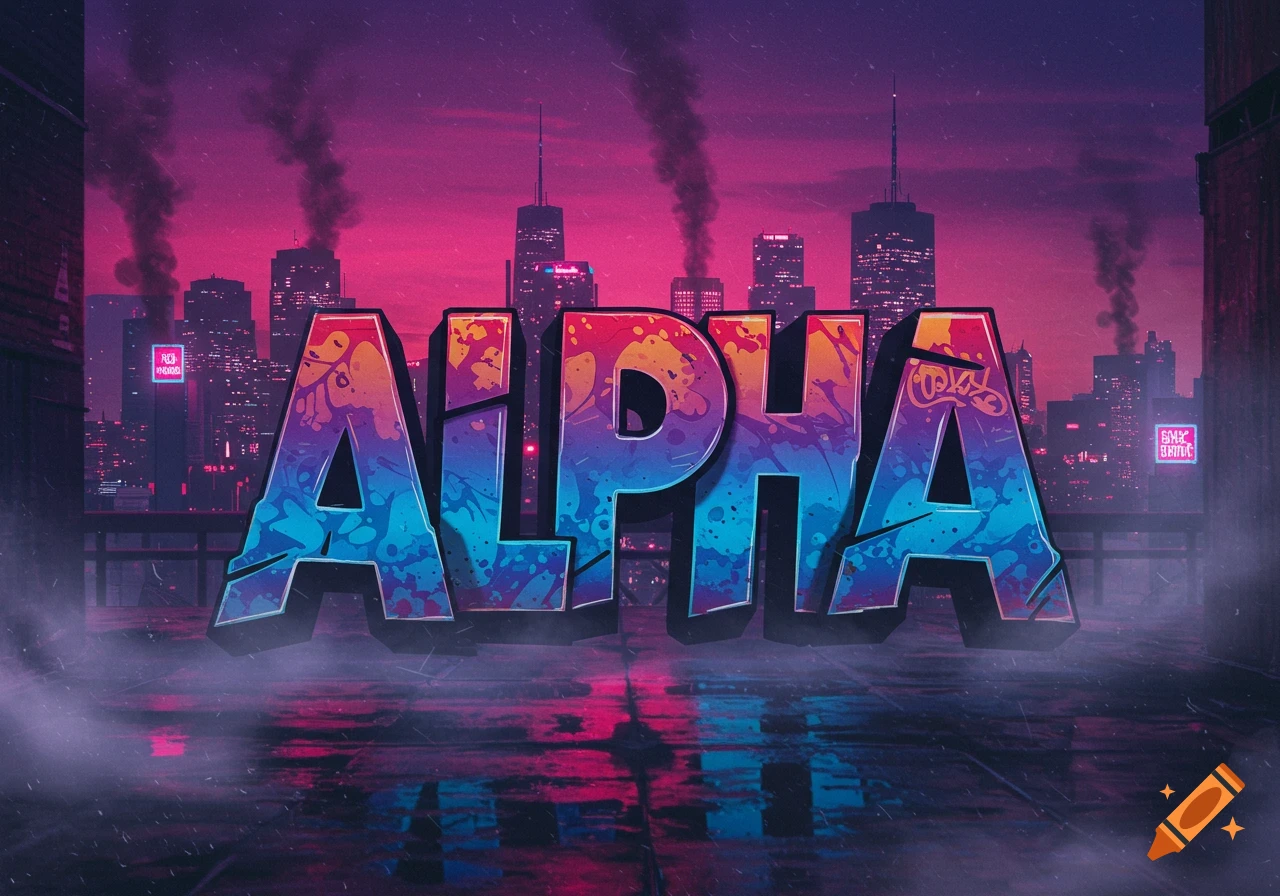 Colorful graffiti-style 'ALPHA' text on a rooftop overlooking a pink and purple synthwave cityscape at sunset.