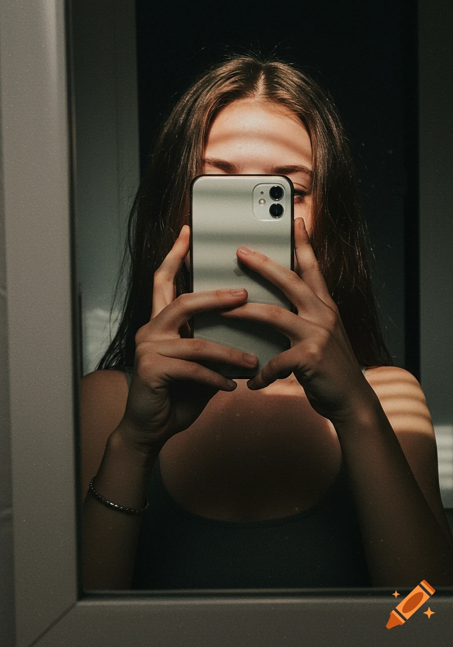 Photorealistic mirror selfie of a young woman covering her face with a smartphone, striped shadows from sunlight fall across her body.