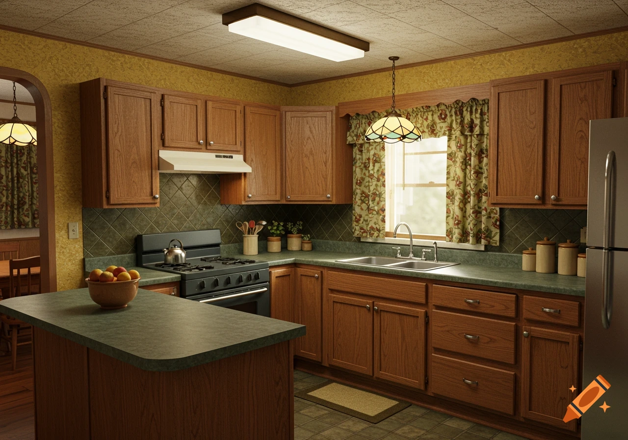 A 90s kitchen with oak cabinets, green countertops, stippled yellow walls, a black stove, and a stained glass pendant light.