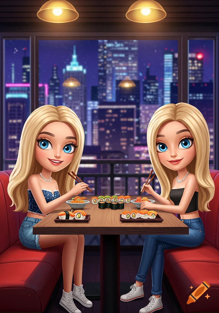 Two blonde cartoon girls with blue eyes eat sushi with chopsticks in a restaurant overlooking a city skyline at night.