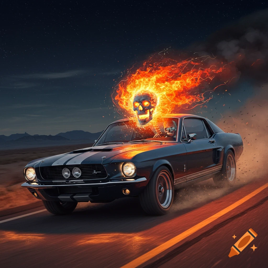 A flaming skeleton drives a dark blue vintage Ford Mustang GT500 quickly on a desert road at dusk, leaving a trail of smoke and fire.