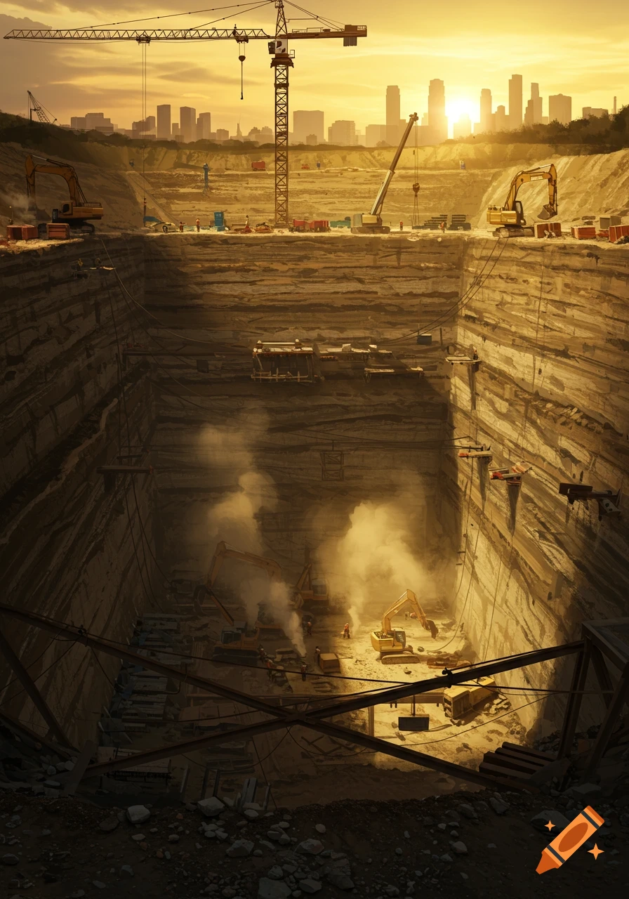 A deep construction pit with excavators, cranes, and workers, overlooked by a city skyline at sunset.