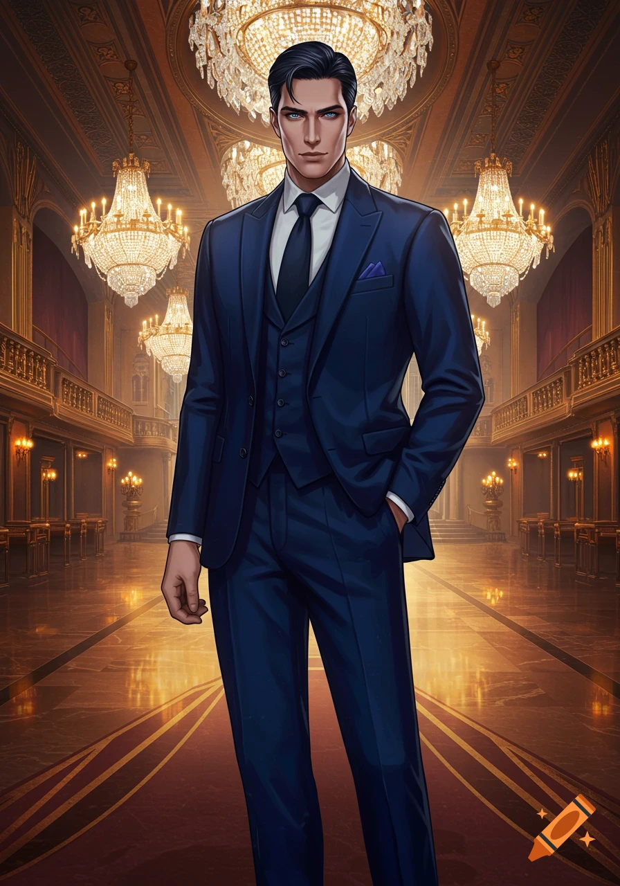 An anime-style illustration of a man with dark hair and blue eyes in a dark blue suit standing in a grand hall with chandeliers.