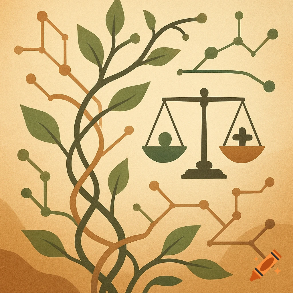 Stylized illustration of a plant with network nodes and weighing scales balancing a person icon against a heavier medical cross.