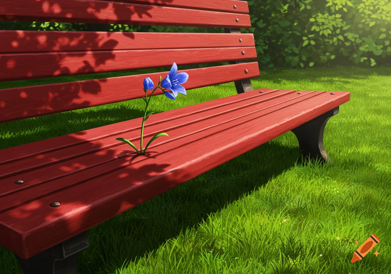 A vibrant blue flower sprouts from a red wooden park bench, surrounded by lush green grass with dappled sunlight.