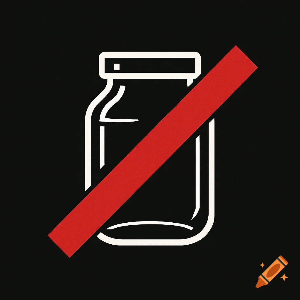 A minimalist logo on a black background shows a white outline of a jar crossed out by a thick red diagonal bar.