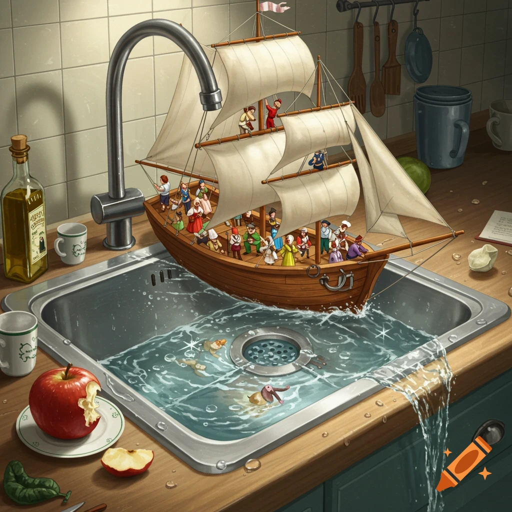An illustrated surreal scene of a crowded wooden sailboat sailing in a kitchen sink, with water overflowing onto the wooden counter.