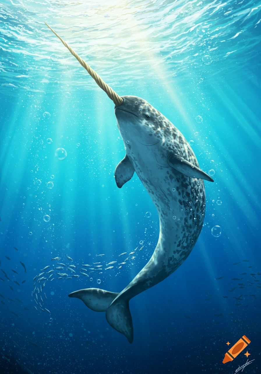 An illustrated narwhal swims upwards in a bright blue ocean, sunlight streaming from above, with small fish below.