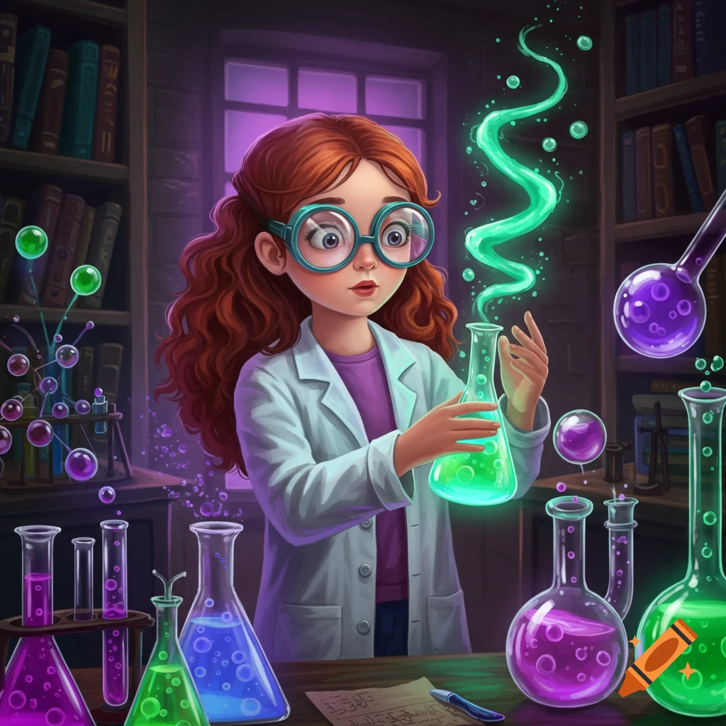 A cartoon girl with red hair and glasses in a lab coat holds a glowing green beaker in a fantasy chemistry lab, surrounded by colorful potions.