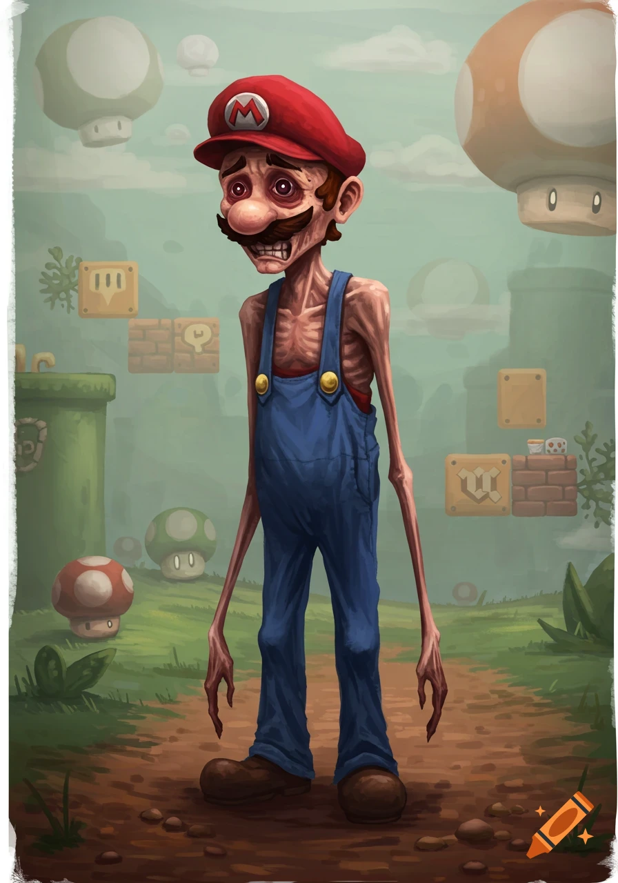 An emaciated, skeletal Mario stands in a gloomy Super Mario Bros. landscape with a red cap, blue overalls, and gaunt features.