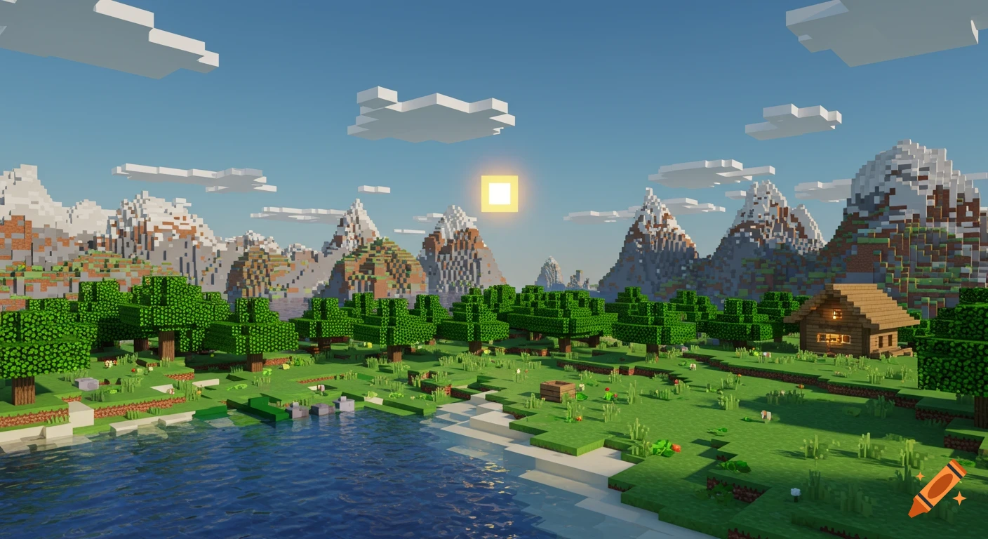 A vibrant Minecraft landscape featuring a lake, green trees, a wooden cabin, and pixelated mountains under a sunny sky with blocky clouds.