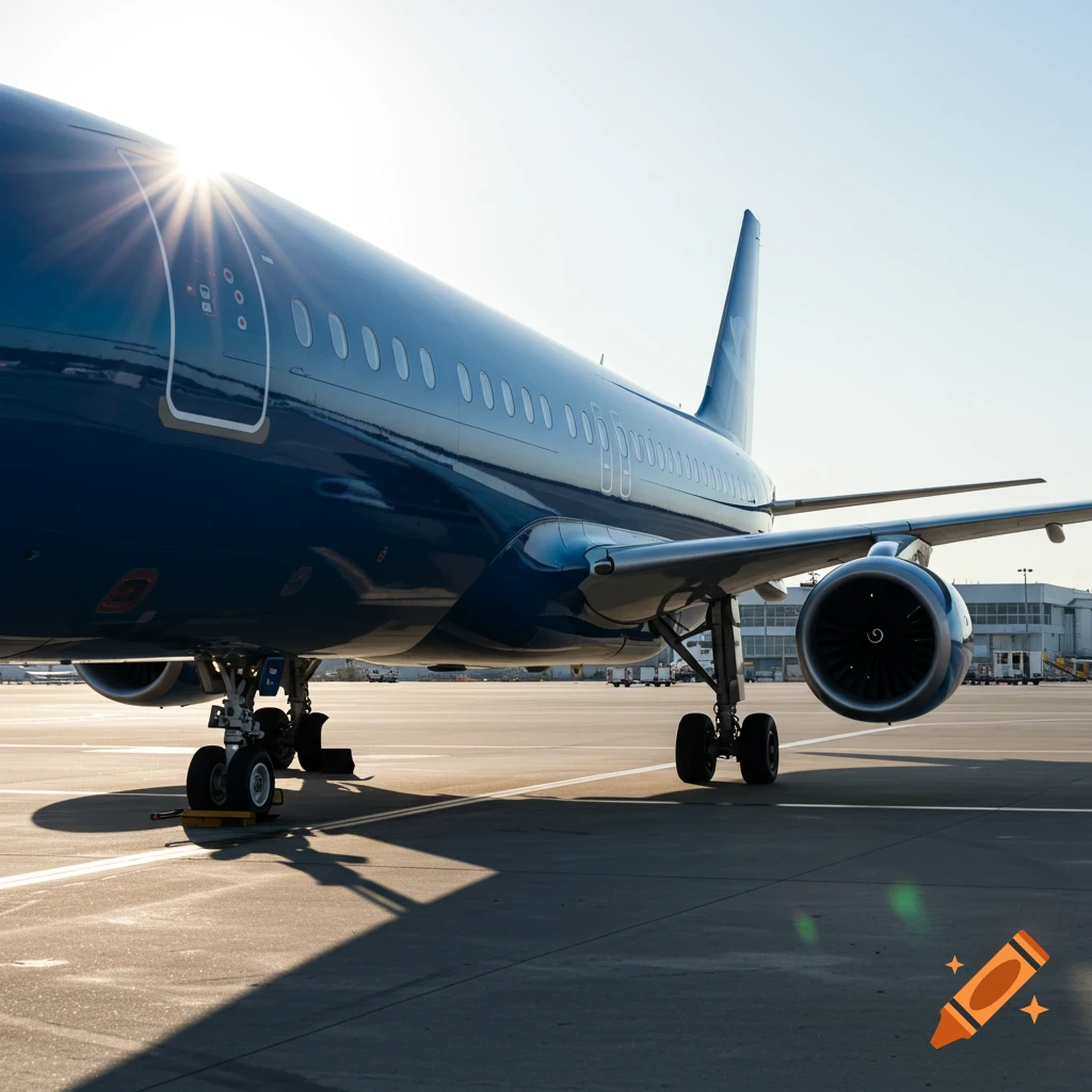 A close-up, low-angle, side view of a shiny dark blue airplane on a sunny airport tarmac with sun glare and reflections.