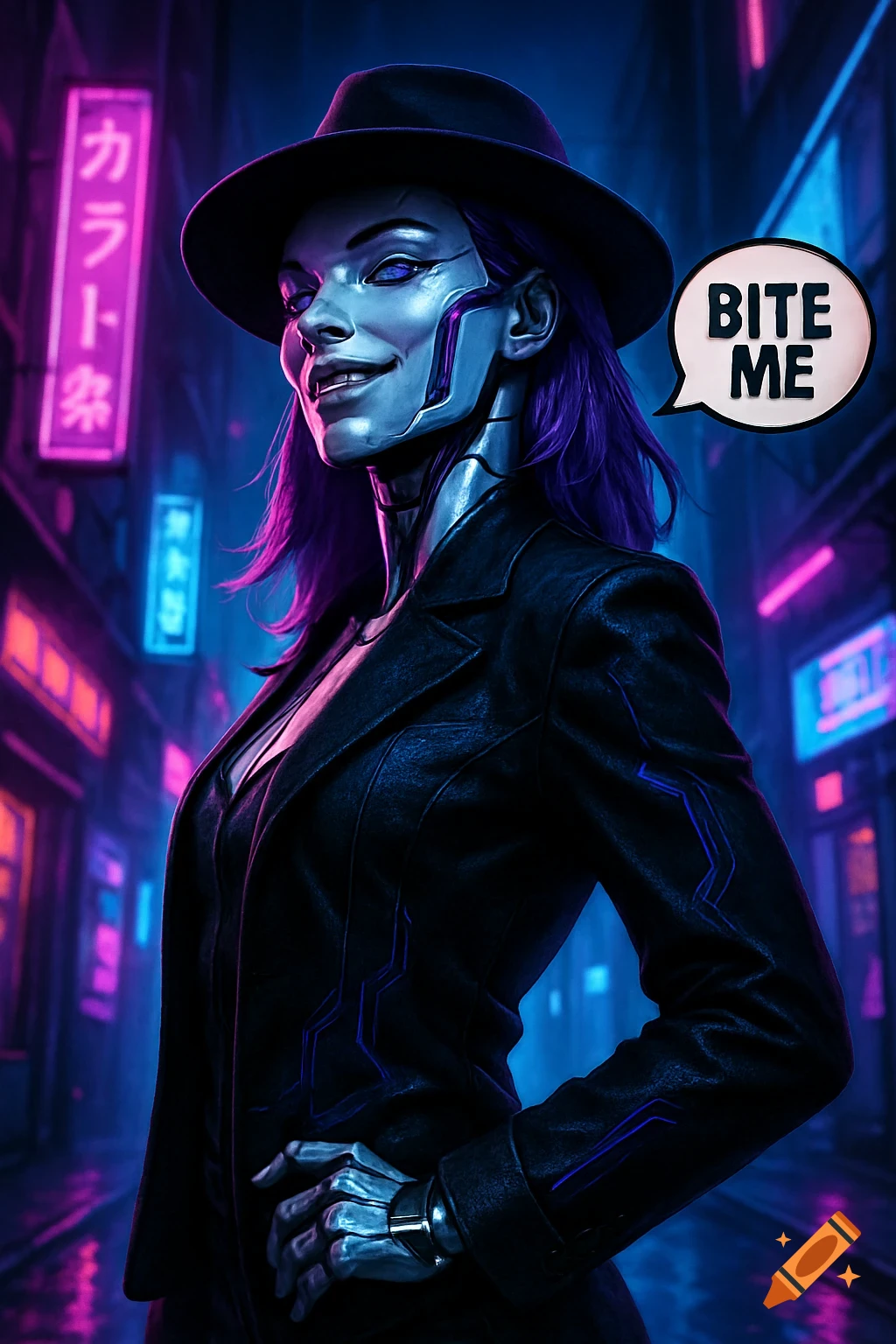 A smirking robot woman with purple hair, a black hat, and jacket in a neon-lit cyberpunk city, with a speech bubble saying "BITE ME".