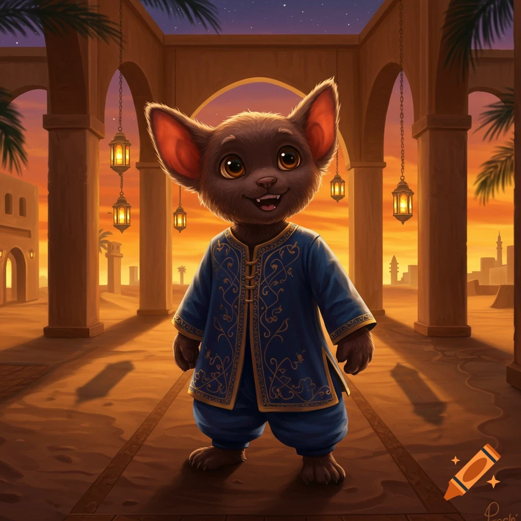 A cute, brown, bat-eared creature in a blue and gold robe stands in an arched desert palace at sunset.