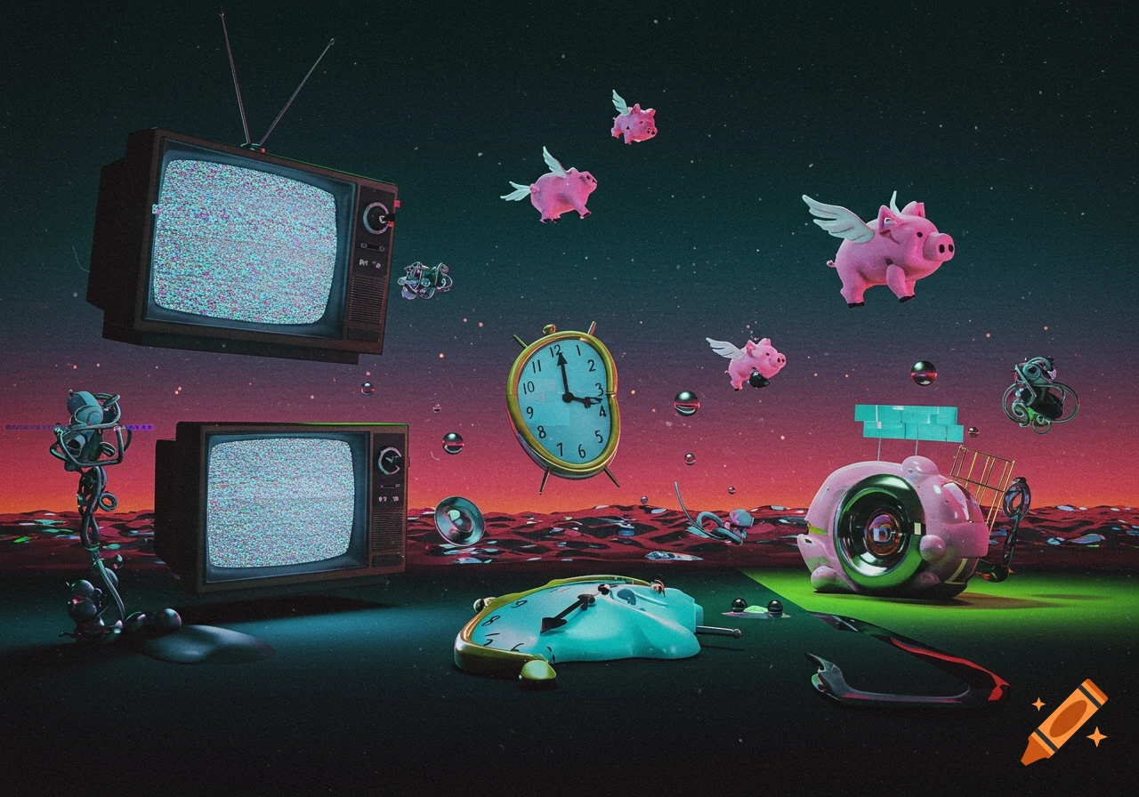 Surreal digital art with pink flying pigs, distorted clocks, and static CRT televisions floating in a cosmic landscape.