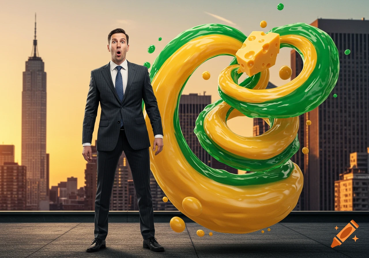 A surprised businessman stands on a city rooftop with a swirling green and yellow slime and a piece of cheese beside him.
