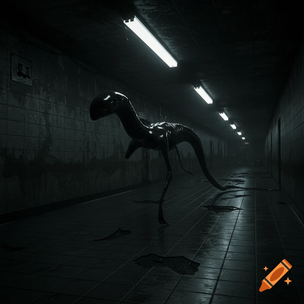 An eerie, glossy black, thin creature with a long tail stands in a dimly lit, tiled hallway, reflecting fluorescent lights.