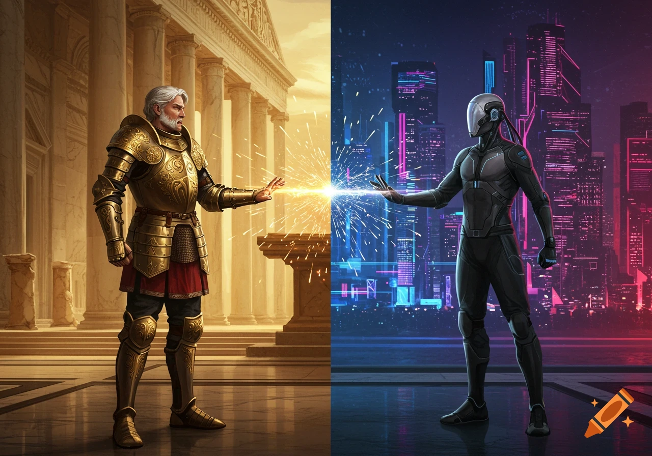 A golden knight and a futuristic robot confront each other, connected by energy, in a split scene of ancient temple and neon city.