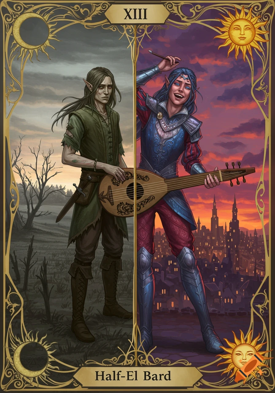 A stylized fantasy tarot card showing a Half-Elf Bard. The left side features a sad man in green and brown in a gray dawn landscape. The right side shows a cheerful performer in red, blue, and silver in a city at twilight. A lute bridges the two figures within an ornate gold frame with celestial symbols.