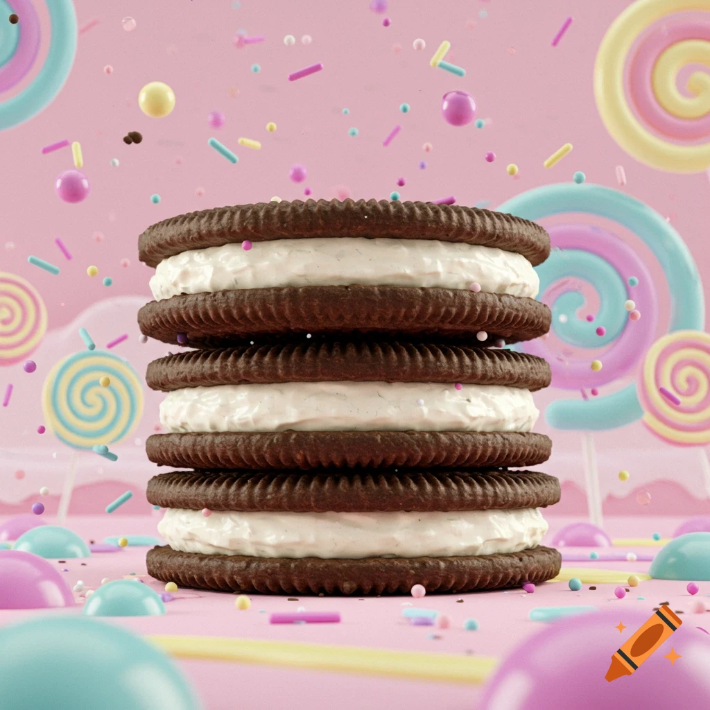 A vibrant, stylized image of a tall stack of cream-filled chocolate cookies on a pink surface with colorful sprinkles, lollipops, and candy.
