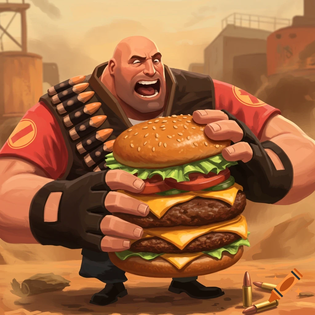 Cartoon illustration of the Heavy from Team Fortress 2 holding a giant hamburger in a dusty, industrial setting.