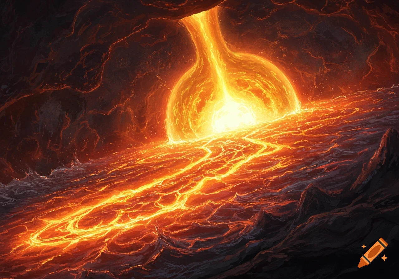 A vibrant, swirling ocean of glowing molten orange and yellow liquid flows from a dark cavern into a rocky landscape.