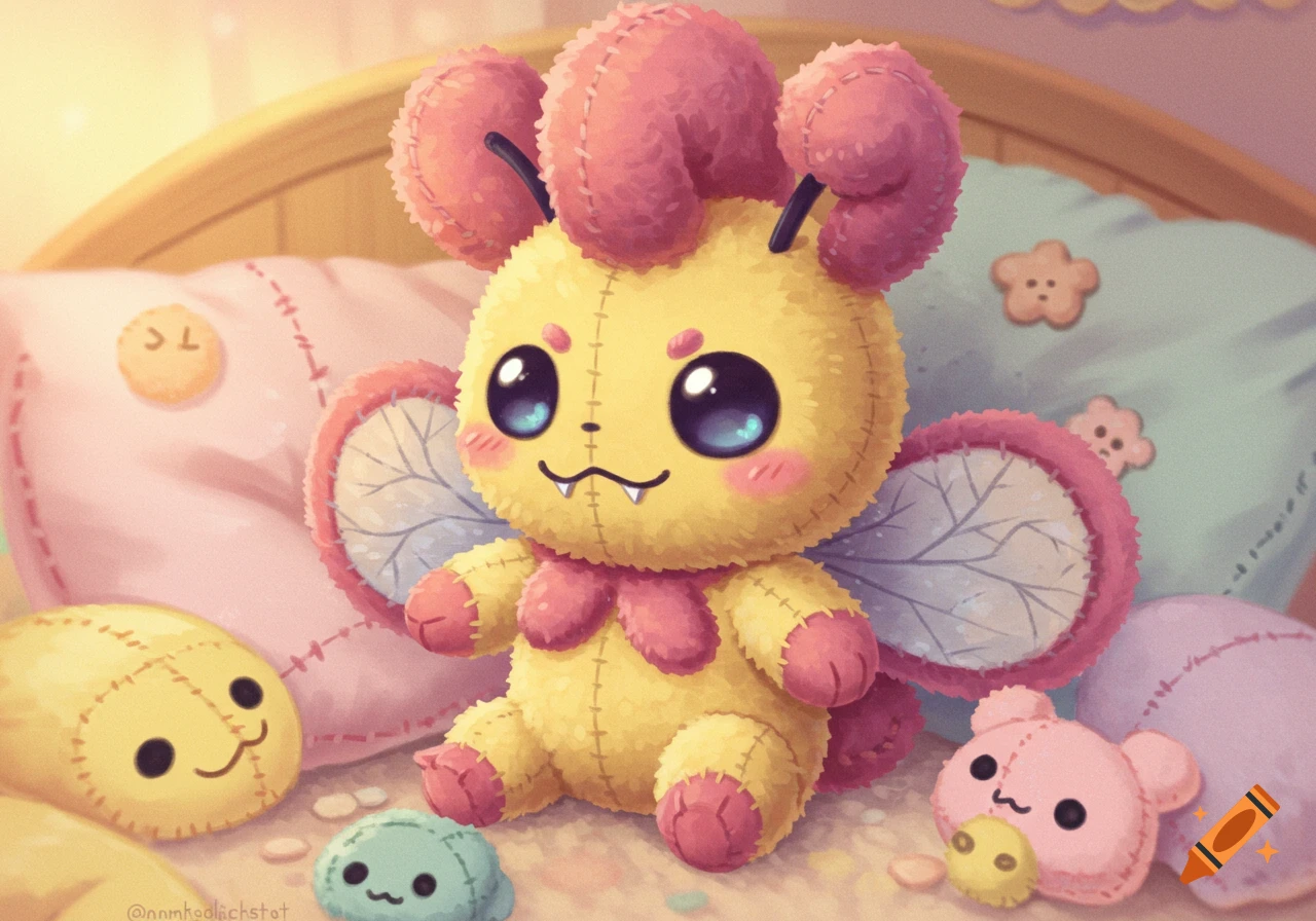 A cute yellow and pink plushie with big eyes and fangs sits among other plush toys on a bed, drawn in a soft, illustrative style.