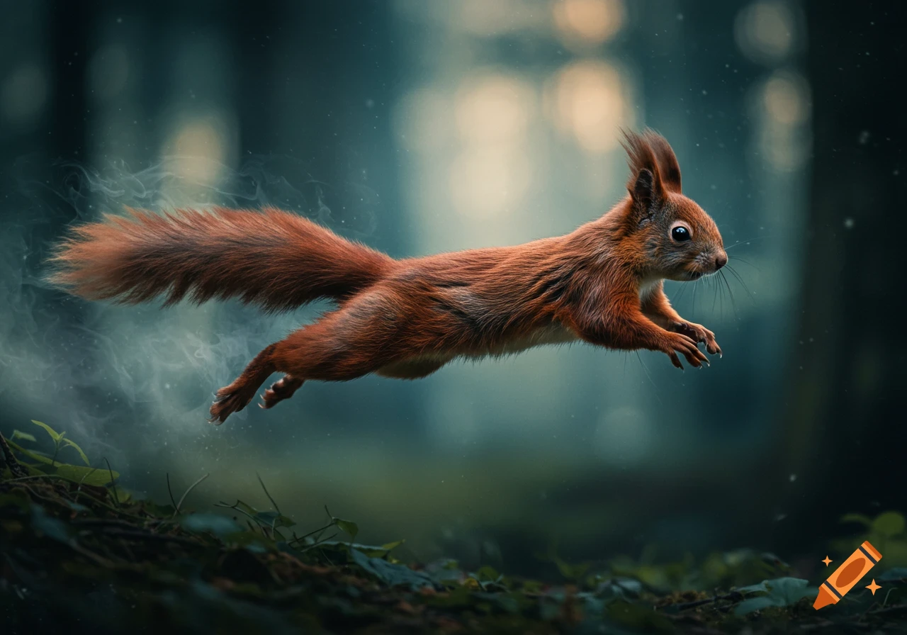 A brown squirrel with a bushy tail leaps through a dark, blurry forest background with subtle smoke trails.