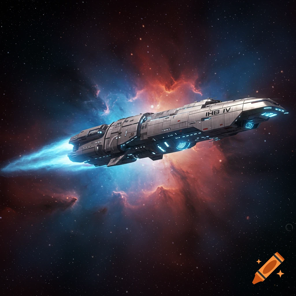 A sleek grey and silver spaceship with glowing blue engines flies through a vibrant space nebula, featuring the text IHB IV on its hull.