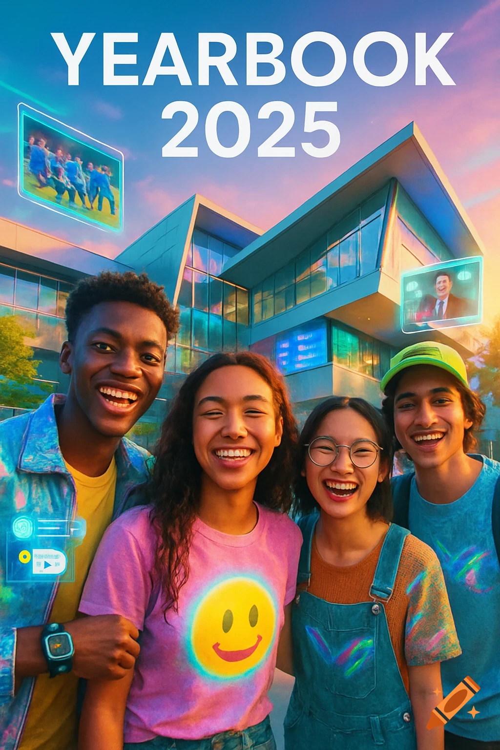Four diverse young people smiling in front of a modern school with 'YEARBOOK 2025' text and holographic screens.