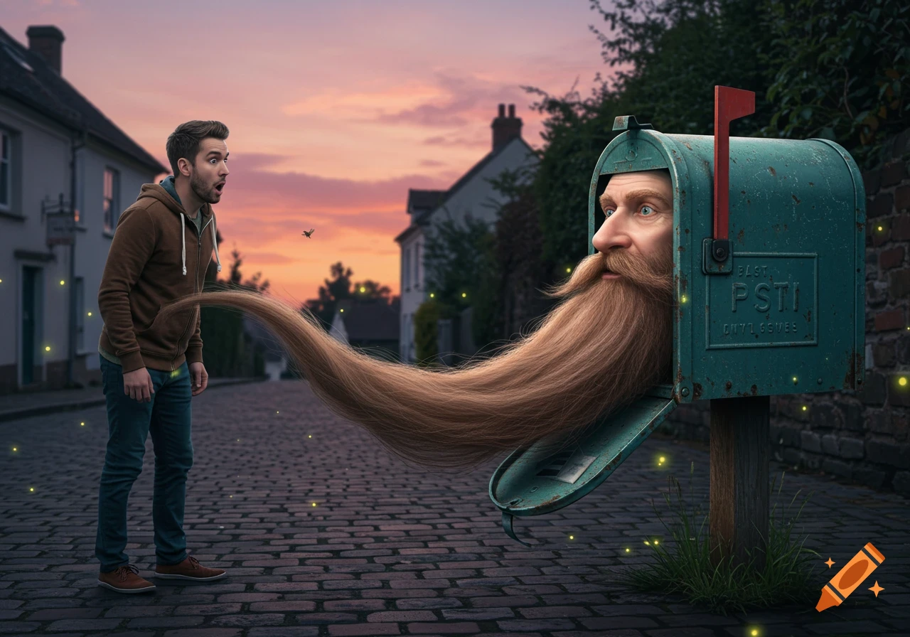 A man looks surprised at a mailbox with a long-bearded man's head emerging from it, on a street at sunset.