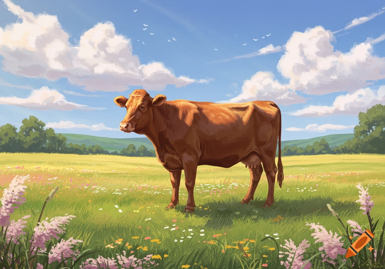 A brown cow stands in a vibrant green meadow with colorful wildflowers under a bright blue, cloudy sky in an illustrative style.