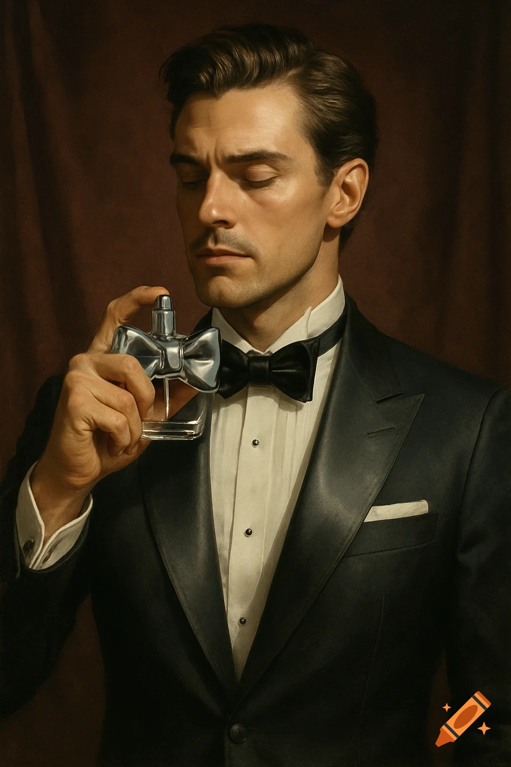 Photorealistic portrait of a man in a tuxedo holding a bow-tie shaped perfume bottle.