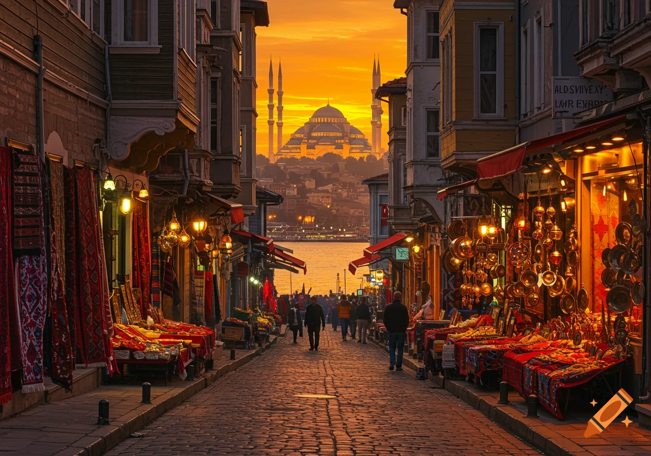 A bustling market street at sunset, lined with traditional buildings and shops, leading to a grand mosque across a body of water.