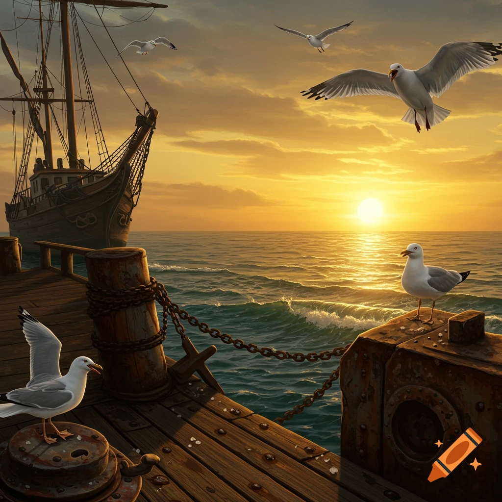 A picturesque sunset seascape with a vintage ship docked at a pier, seagulls flying and resting, and warm golden light on the water.